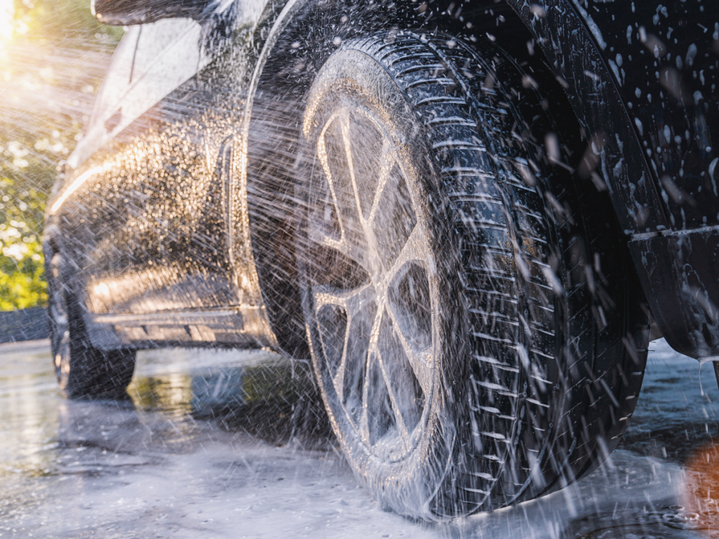 Car wash membership monthly in Kelliwood, focus on the tire and wheel cleaning process