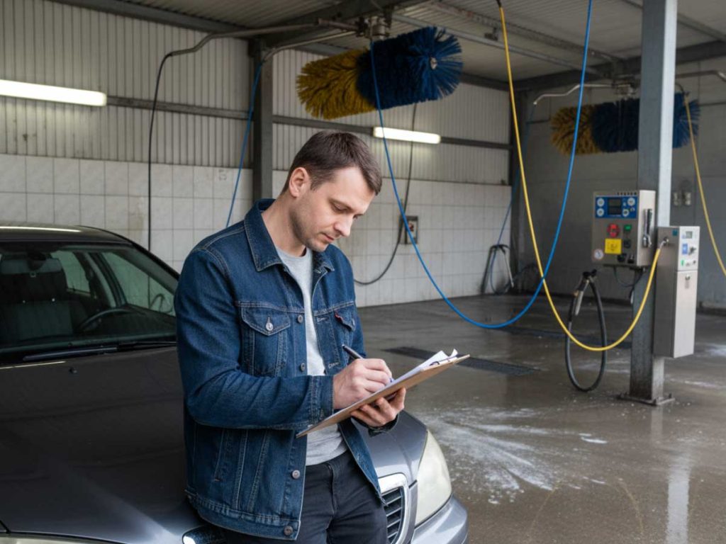 Man inspecting vehicle with clipboard at best car wash membership Katy TX facility featuring overhead brushes and wet bay.