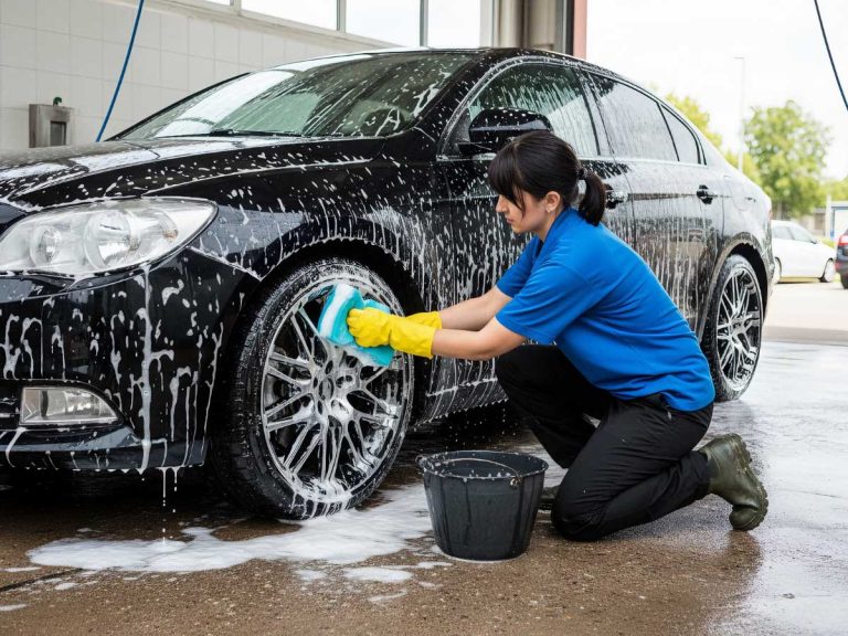 Worker cleaning a car wheel at a car wash in Katy TX, showcasing professional vehicle cleaning services.